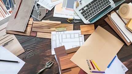 Wall Mural - Interior designers working table with laptop tools wooden color sampler and blueprints of the project All equipment and material sample for perfect home renovation : Generative AI