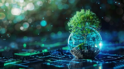 Leinwandbilder - Tree growing on crystal globe Digital Convergence and Technology Convergence Blue light binary and network background Green Computing Green Technology Green IT csr and IT ethics Concep : Generative AI