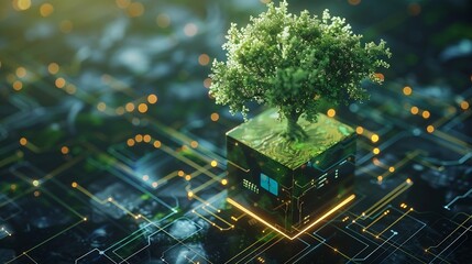 Leinwandbilder - Tree growing on Circuit digital cube Digital and Technology Convergence Blue light and Wireframe network background Green Computing Green Technology Green IT csr and IT ethics Concept : Generative AI