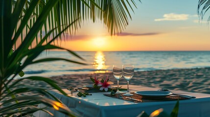 Poster - Romantic dinner on the beach on sunset with palm leaves and sunset sky and sea Amazing view honeymoon or anniversary dinner landscape : Generative AI