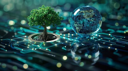Leinwandbilder - Tree growing on Circuit digital ball Digital and Technology Convergence Blue light and Wireframe network background Green Computing Green Technology Green IT csr and IT ethics Concept : Generative AI