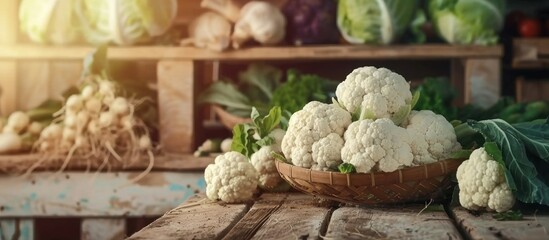 Sticker - Cauliflower Harvest on a Rustic Wooden Table