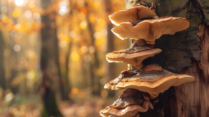 Mushrooms growing on a tree trunk in the autumn forest Edible autumn oak oyster mushroom Pleurotus dryinus : Generative AI