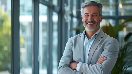 Wall Mural - Portrait of a Confident Middle Aged Caucasian Businessman Standing in Office in a Bright Business Center Successful Senior Manager Posing for Camera with Crossed Arms Smiling Cheerfull : Generative AI