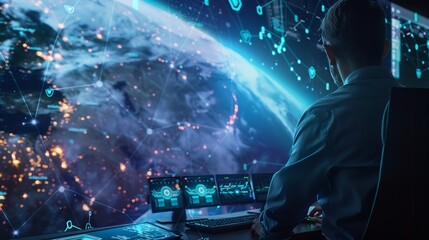 Digital transformation internet network technology big data futuristic technology background man using computer with global network connection data link and exchange on virtual screen : Generative AI