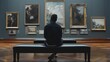 © The Little Hut - Hispanic male visitor looking reflective while sitting on a bench and admiring the various paintings on the wall of an art gallery : Generative AI
