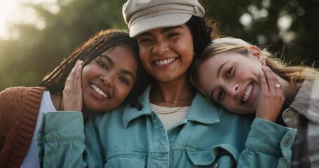 Canvas Print - Park, hug and portrait of people in park with smile for countryside, vacation and weekend trip. Happy, friends and face of women with affection in nature for outdoor adventure, travel and holiday