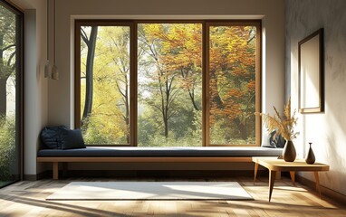 Wall Mural - Modern Living Space with Long Cushioned Bench near Wooden Table and Panoramic Views of Autumn Foliage from Windows