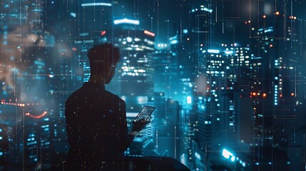 Leinwandbilder - Digital technology big data internet network connection futuristic innovation technology background Man using mobile phone and laptop and smart city : Generative AI