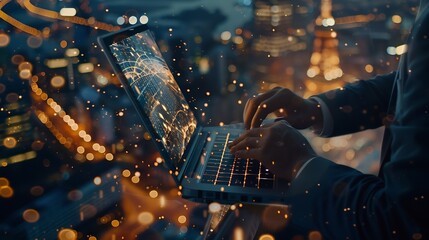 Fototapete - Digital marketing global business concept Businessman using mobile phone laptop computer with global internet network connection technology and smart city social media marketing ecomme : Generative AI