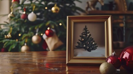 Poster - Christmas photo frame mock up template with decoration on wooden table High quality photo : Generative AI
