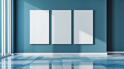 Poster - Four blank white vertical posters hang on blue wall in an exhibition hall Empty interior front view background photo : Generative AI