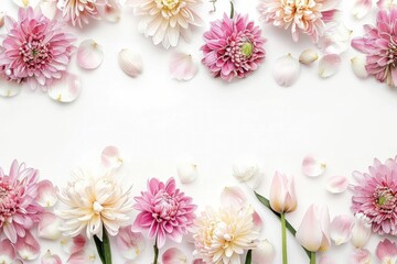 Wall Mural - Floral beauty pink and white flowers arranged on white surface with space for text