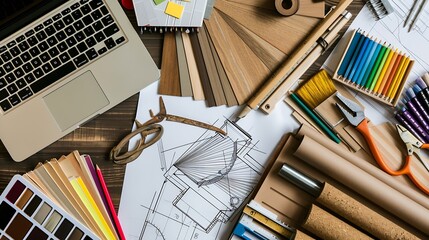 Poster - Interior designers working table with laptop tools wooden color sampler and blueprints of the project All equipment and material sample for perfect home renovation : Generative AI