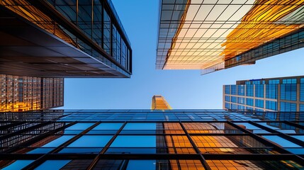 Poster - From below of entrance of office building next to contemporary high rise structures with glass mirrored walls and illuminated lights in calgary city against cloudless blue sky : Generative AI