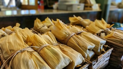 Wall Mural - A festive spread of tamales wrapped in corn husks, ready to be unwrapped and enjoyed.