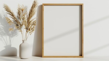 Poster - Square wooden frame mockup on vintage floor Modern vase with dry Lagurus ovatus grass White wall background Scandinavian interior : Generative AI