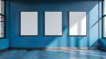 Four blank white vertical posters hang on blue wall in an exhibition hall Empty interior front view background photo : Generative AI