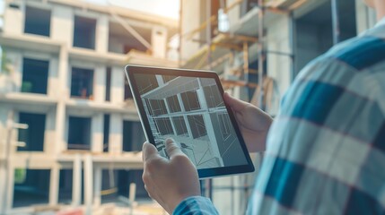 Wall Mural - Engineer hands holding digital tablet with house construction project planning House designer and digital technology : Generative AI