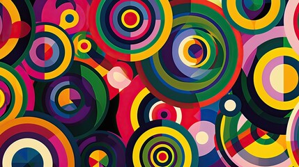 A colorful pattern of overlapping circles and stripes, creating a visually stimulating and dynamic effect