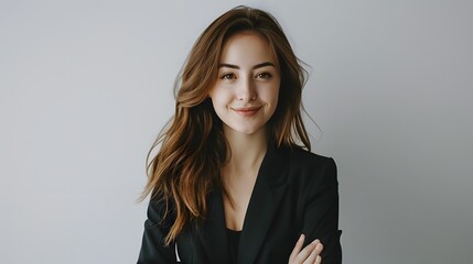 Perfect business lady. Beautiful young businesswoman looking at camera with smile while standing against white background. 