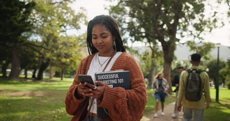Aufkleber - Phone, search and black woman with book at campus park for reading, info or university newsletter sign up. Education, college or marketing student walk with smartphone for location, map or direction