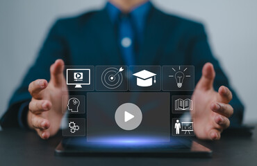 Leinwandbilder - Person who attends online lessons on a virtual screen tablet. E-learning education, internet lessons and online webinar. Education internet Technology.