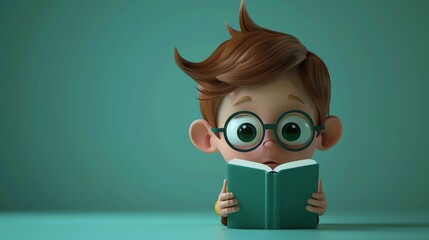 Sticker - A cartoon boy wearing glasses reads a book.