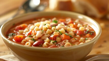 Wall Mural - A hearty bowl of pasta e fagioli, a traditional Italian bean and pasta soup, with a rich tomato base.