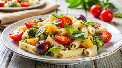 Close-up of a Colorful Pasta Salad with Tomatoes, Broccoli, and Basil, pasta salad, food photography, vegetarian, healthy