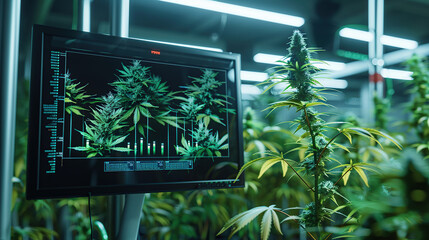 A high-tech computer screen that displays detailed data and diagrams for growing indoor plants indoors