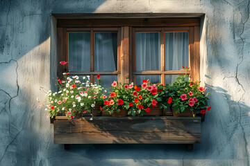 A window with a flower box, filled with blooming plants