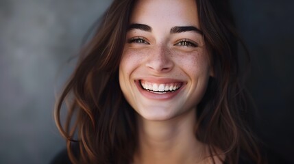 Big bright white smile headshot with a beautiful brunette woman sincere happy cheerful positive expression. 