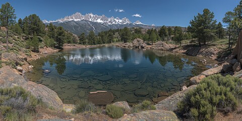 Poster - Serene Mountain Landscape with Snow-Capped Peaks, Crystal Clear Alpine Lake and Lush Greenery under a Clear Blue Sky on a Sunny Day