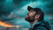 © Sara-ART - Man Looking Upward, Bearded man in cap gazing at cloudy sky, Contemplative Mood