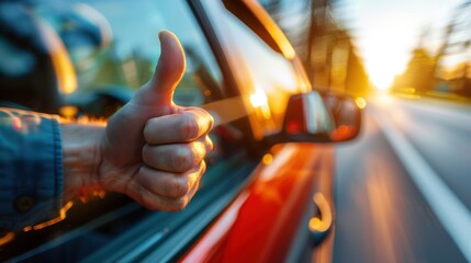 Thumbs Up from Car, Hand giving thumbs up out of moving car window, Sunset Drive