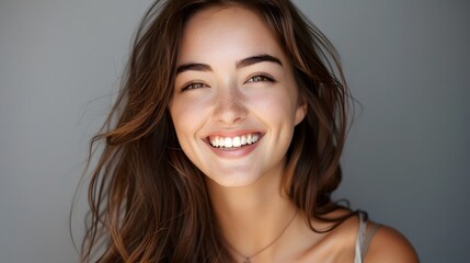 Big bright white smile headshot with a beautiful brunette woman sincere happy cheerful positive expression. 