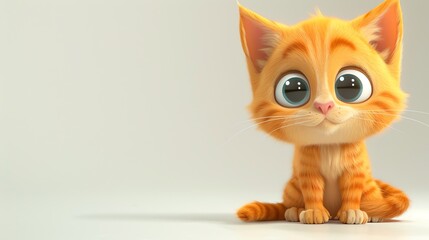 Poster - A cute cartoon orange tabby kitten with big eyes is sitting on a white background.