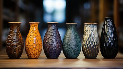 Sticker - Artistic close-up of textured ceramic vessels on a dark wooden table, highlighting the beauty of handcrafted pottery 