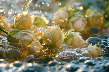 Wall Mural - Close-up of Delicate Yellow Flowers with Water Droplets in Sunlight Creating a Sparkling Effect