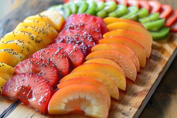 Wall Mural - Freshly Sliced Assorted Fruits on Wooden Platter - Vibrant and Colorful Healthy Snack Display