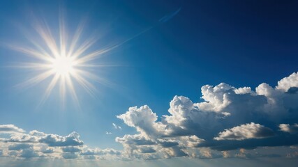 Deep blue sky with the sun shining brightly at midday, highlighting fluffy clouds and clear weather