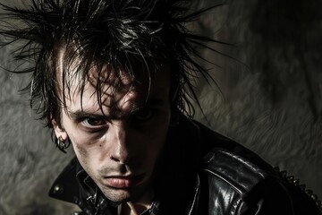 gritty portrait of a 1970s punk rocker spiked hair leather jacket and defiant expression high contrast with dramatic shadows textured background suggests urban decay