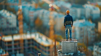 Civil engineer standing on a newly constructed building with blurred background, Concept of Completion of architecture of building.