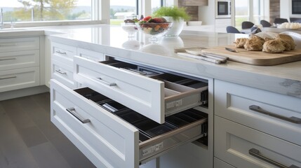 Open drawers at well designed large modern white wood and marble kitchen, some drawers pulled out