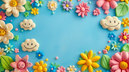 Sticker - A blue background with a frame made of colorful flowers and clouds made out of clay.