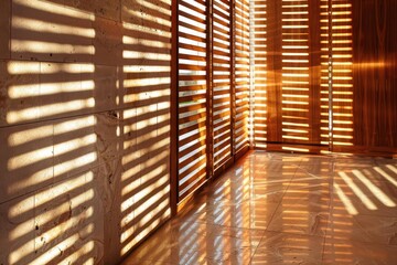 Wall Mural - elegant wooden blinds filtering sunlight creating patterns on interior wall warm tones minimalist room decor