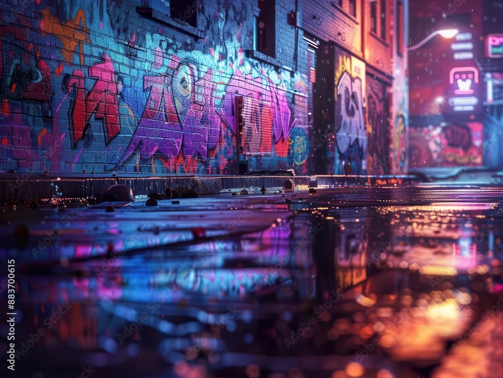 rainsoaked city street at night neon lights reflecting off wet pavement ...
