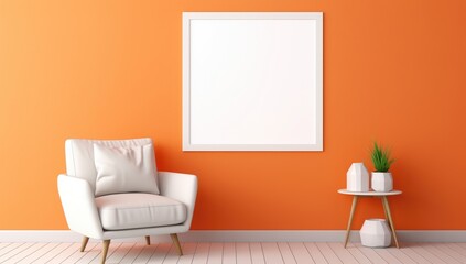 Wall Mural - Empty White Picture Frame in Modern Living Room with Orange Walls and White Armchairs. Houseplant, Wooden Floor, Home Interior, Copy Space - 3D Rendering