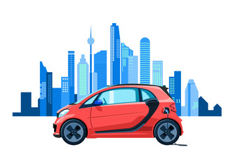 Wall Mural - red electric car with charging, blue city skyline in background flat vector illustration on white background
